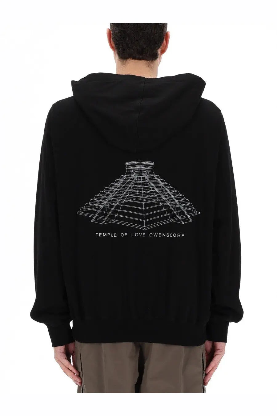 Black rick owens men’s sweatshirt featuring a white line-art temple of love design and text on the front