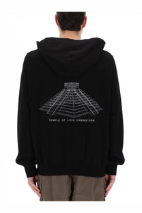 Black rick owens men’s sweatshirt featuring a white line-art temple of love design and text on the front