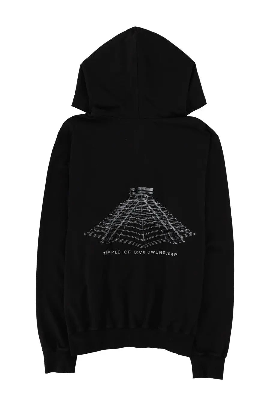 Rick Owens men’s black zip-up hoodie with white line-art pyramid and temple of love owenscorp text on front