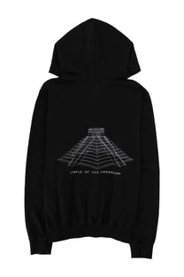 Rick Owens men’s black zip-up hoodie with white line-art pyramid and temple of love owenscorp text on front