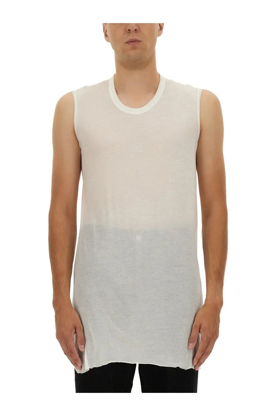 Rick Owens men’s white sleeveless top with subtle gradient to light gray hem made from lightweight fabric