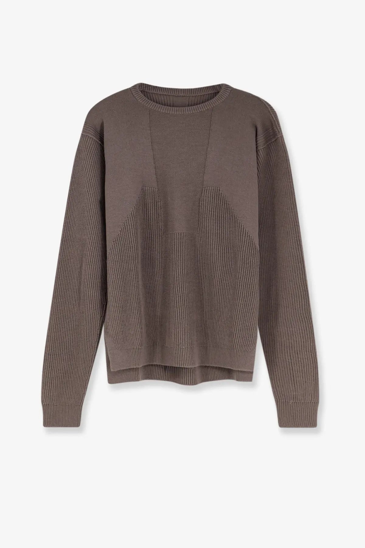 Rick Owens men’s grey virgin wool sweater with taupe ribbed sleeves and contrasting vertical front panel