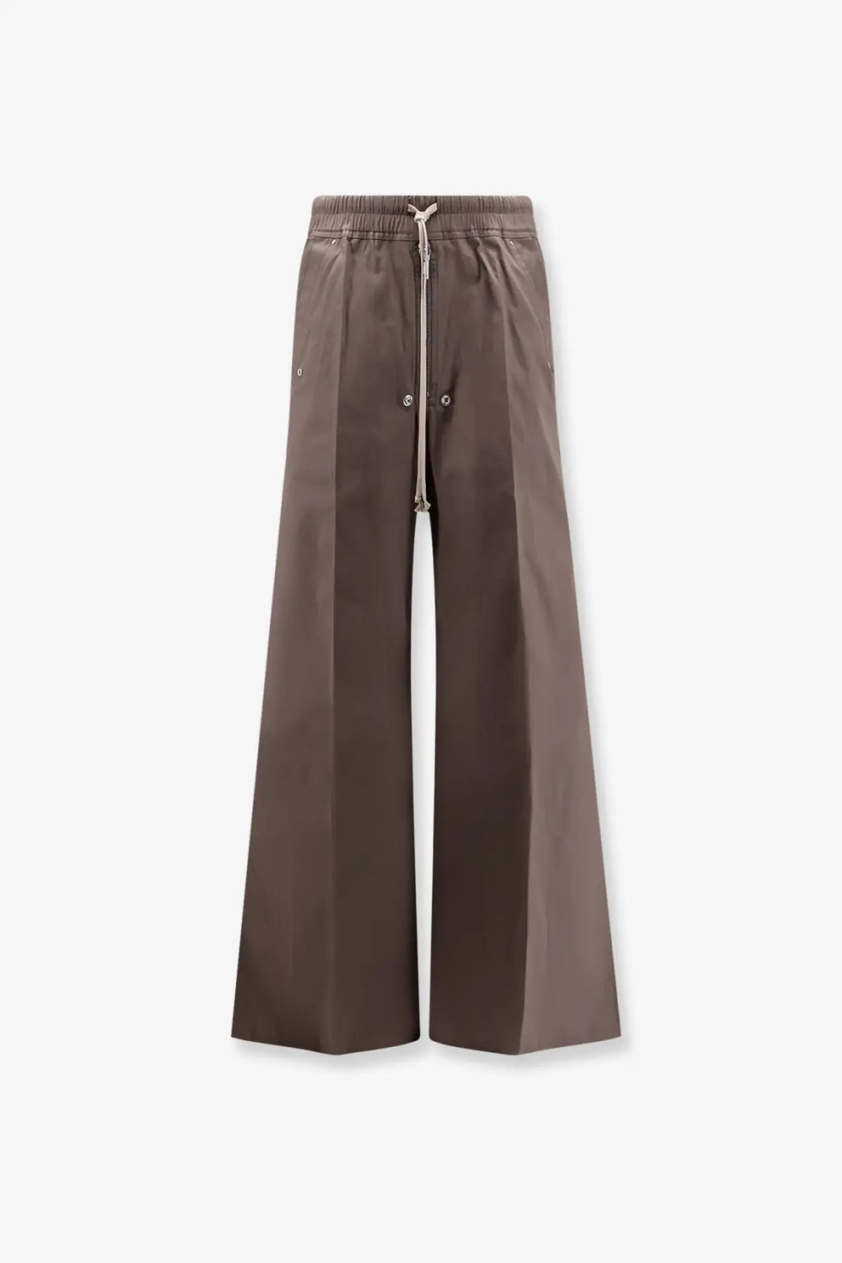 Rick Owens men’s wide Bela certified cotton trousers in brown with elastic waistband and metallic button side pockets