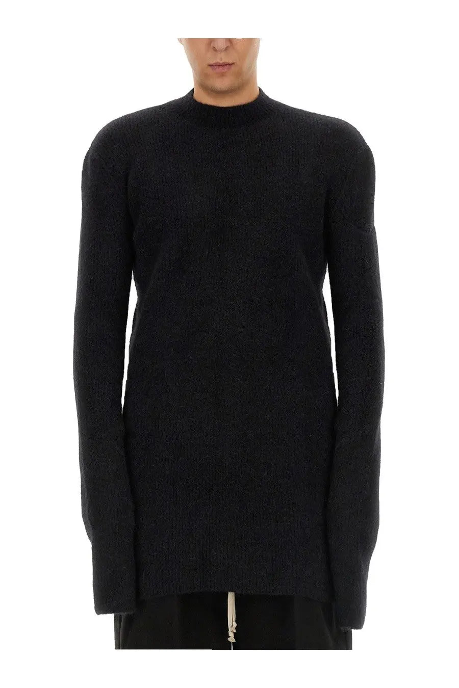 Rick Owens men’s wool jersey black ribbed knit sweater with high neck and long sleeves