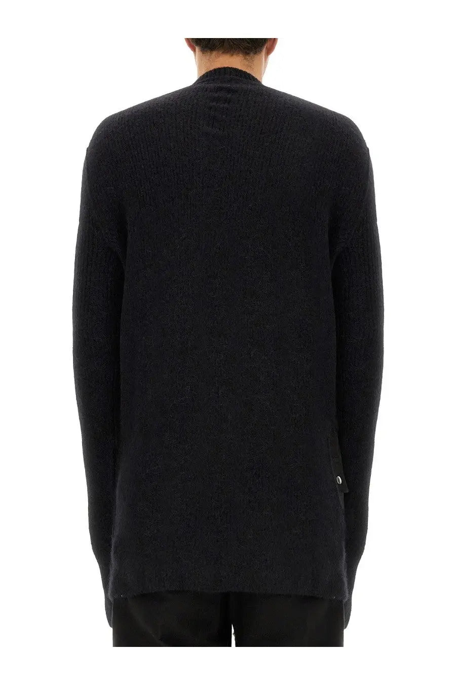 Rick Owens men’s wool jersey black ribbed knit sweater with high collar and subtle texture