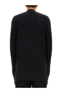 Rick Owens men’s wool jersey black ribbed knit sweater with high collar and subtle texture