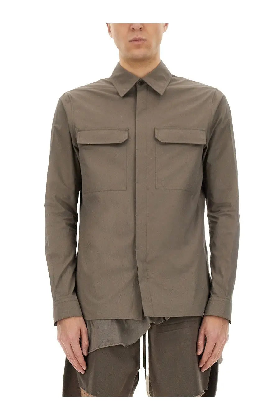 Rick Owens men’s work shirt grey in olive green with long sleeves, structured collar, and two chest pockets