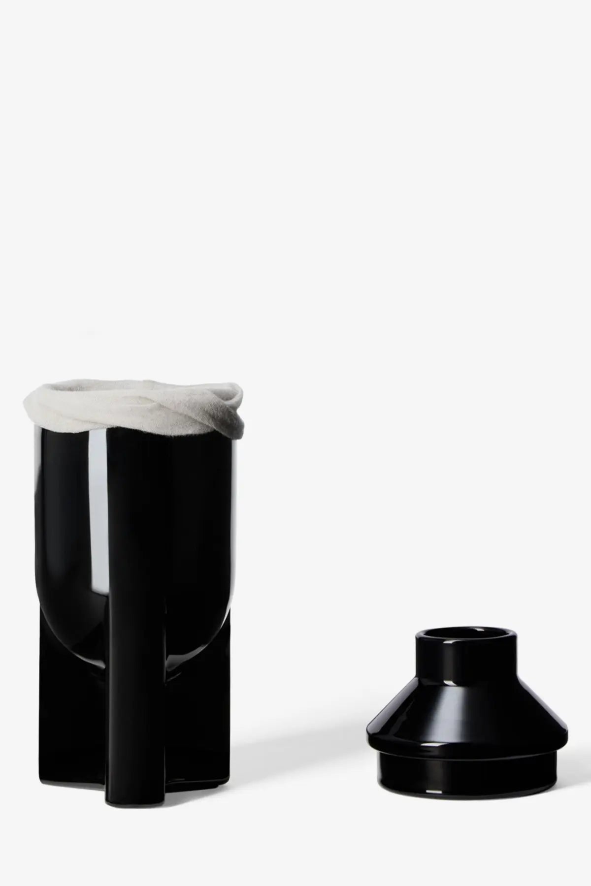 Black ceramic coffee dripper with a matte finish and geometric angular base for rick owens unisex galss scented candle lapparition black