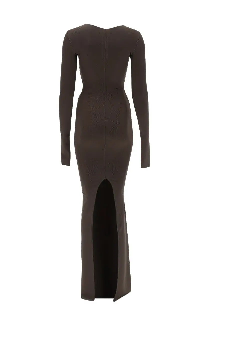 Rick Owens women’s dark brown long-sleeved bodycon gown with a high slit at the back shown from the back side