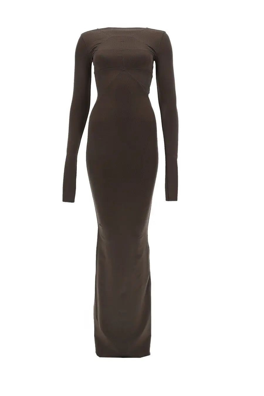 A sleek brown ribbed bodycon long-sleeved dress by Rick Owens with a fitted silhouette for women