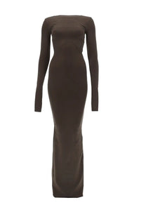 A sleek brown ribbed bodycon long-sleeved dress by Rick Owens with a fitted silhouette for women