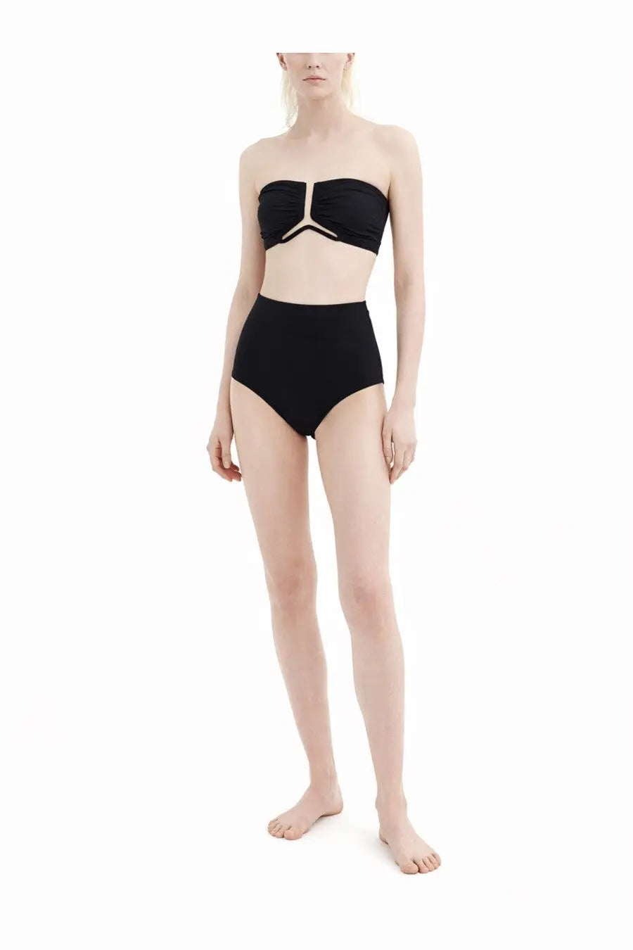 Rick Owens women’s Allanah black strapless bikini top with central cutout and matching high-waisted bottoms
