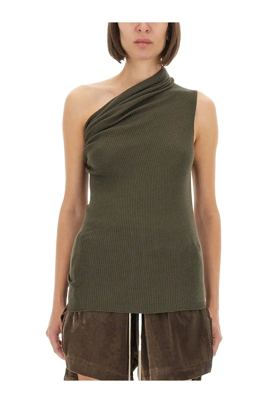 Rick owens women’s athena knit top green olive green ribbed knit one shoulder casual top