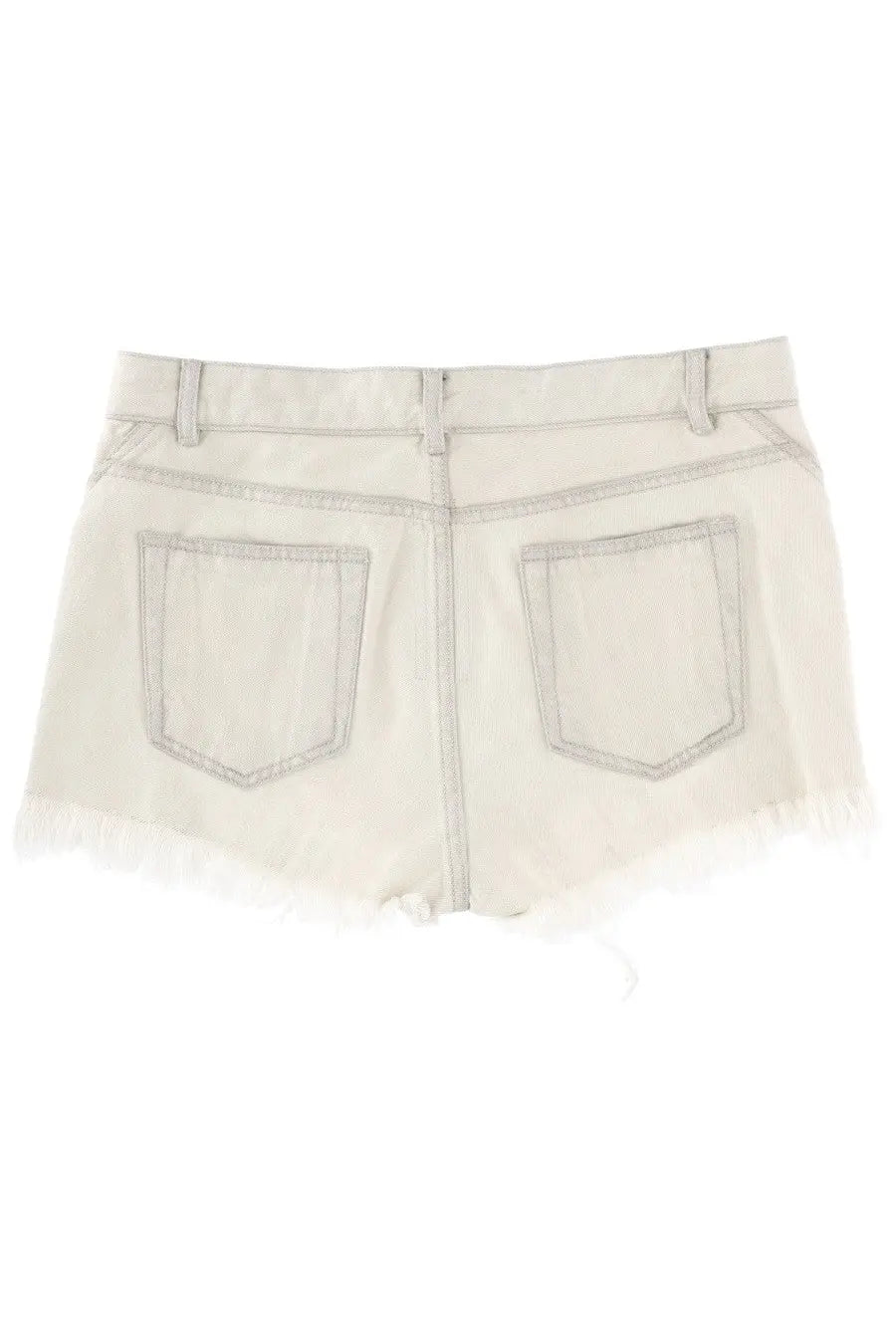 Rick Owens women’s cream-colored denim shorts with frayed hem and light gray stitching bias cutoffs design
