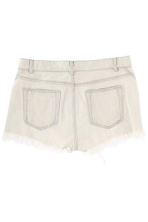 Rick Owens women’s cream-colored denim shorts with frayed hem and light gray stitching bias cutoffs design