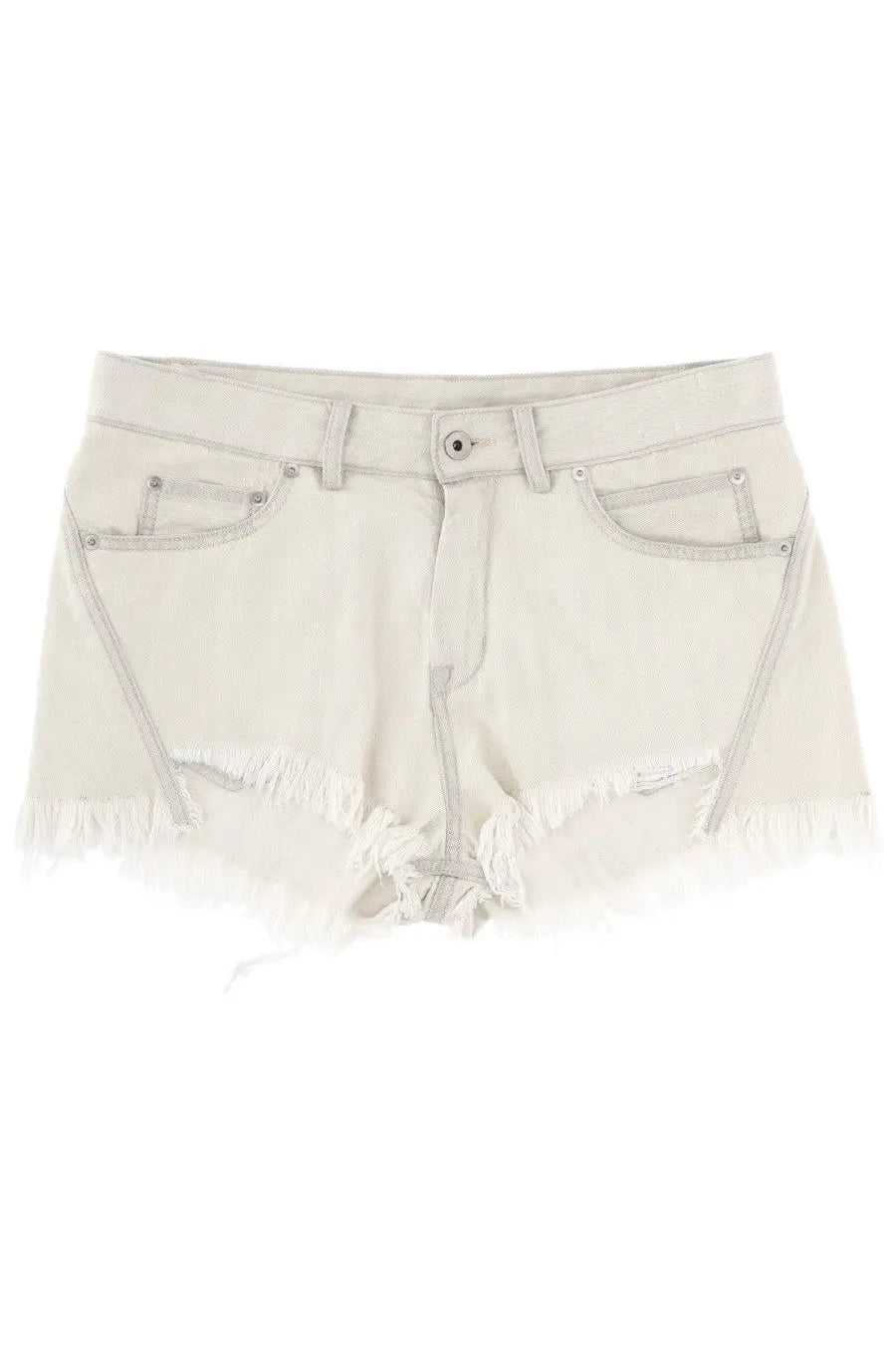 Rick Owens women’s off-white distressed denim bias cutoffs shorts with frayed hems and silver-toned hardware