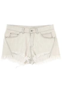 Rick Owens women’s off-white distressed denim bias cutoffs shorts with frayed hems and silver-toned hardware