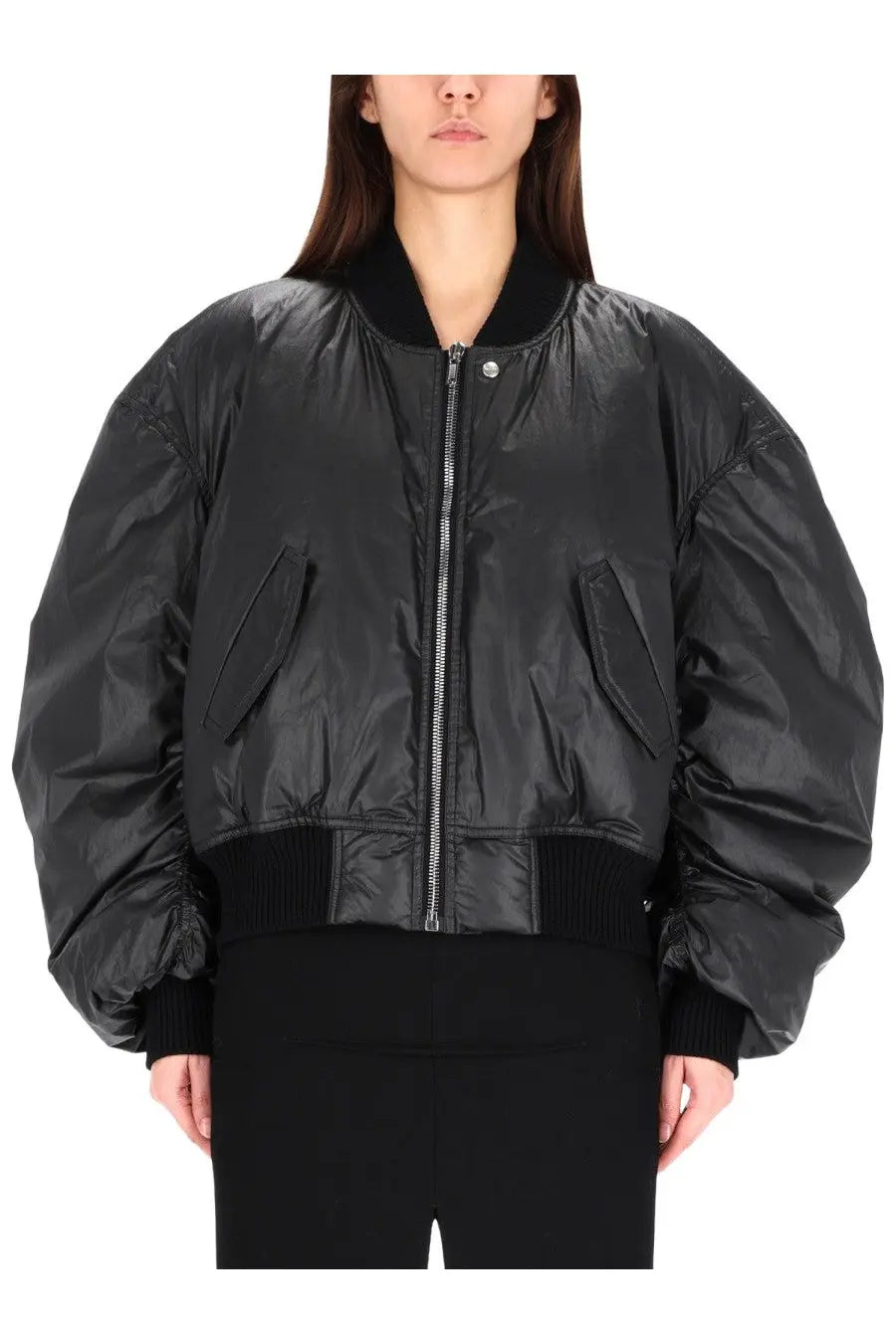 Black glossy nylon bomber jacket with ribbed cuffs and waistband by rick owens women runway cal black
