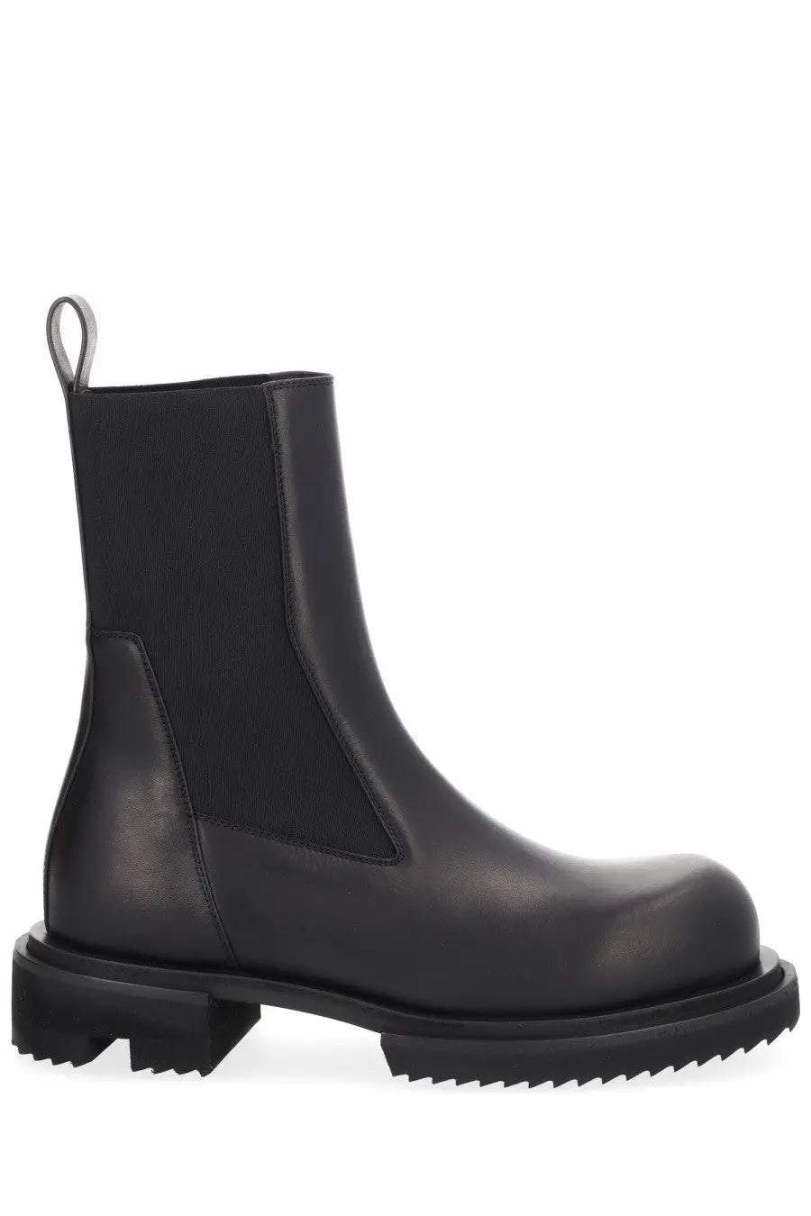 Rick Owens women’s black leather Chelsea boot beatle Gabe with chunky textured sole and elastic side panels