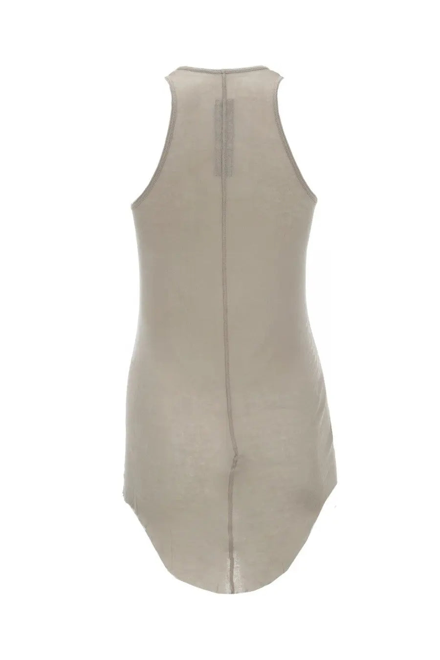 Back view of rick owens women’s beige cotton tank top with sleeveless mesh design and central zipper detail