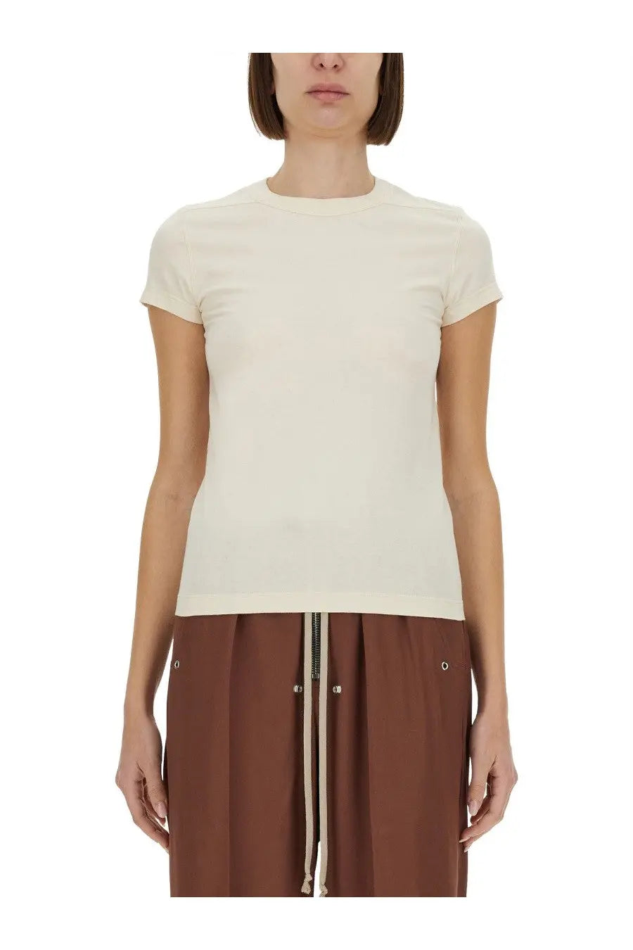 Rick Owens women’s cropped cream-colored short-sleeved t-shirt with round neckline and subtle horizontal ribbing