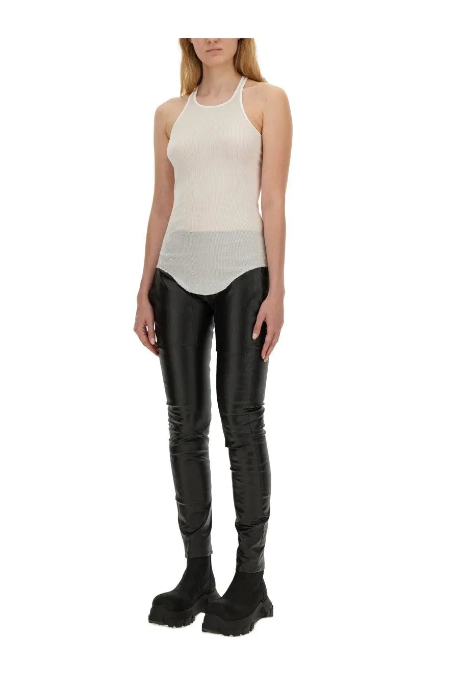Rick Owens women’s black high-waisted faux leather leggings with a glossy, form-fitting design