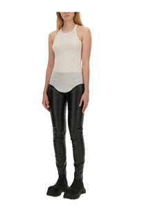Rick Owens women’s black high-waisted faux leather leggings with a glossy, form-fitting design