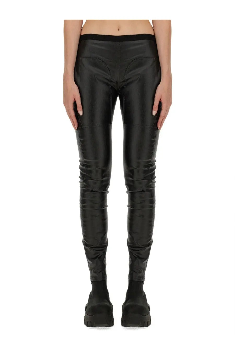 Rick Owens women’s black glossy faux leather leggings with sleek form-fitting design and subtle horizontal seam detailing