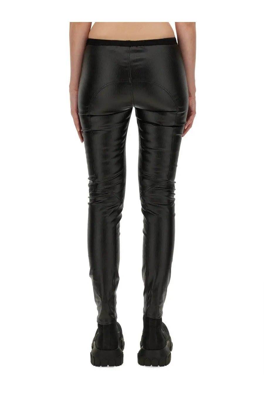 Rick Owens women’s denim leggings in black patent leather with a sleek glossy finish and subtle seam detailing