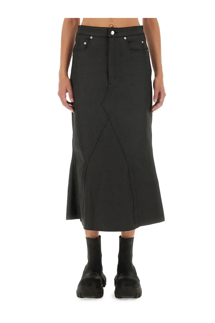 Rick Owens women’s black denim high-waisted midi skirt with flared hem and diagonal seam detailing