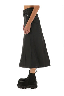Rick Owens women’s black denim high-waisted midi skirt with structured pleats and front pockets