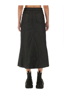 Back view of rick owens women’s black denim high-waisted midi skirt with two back pockets and central seam detail