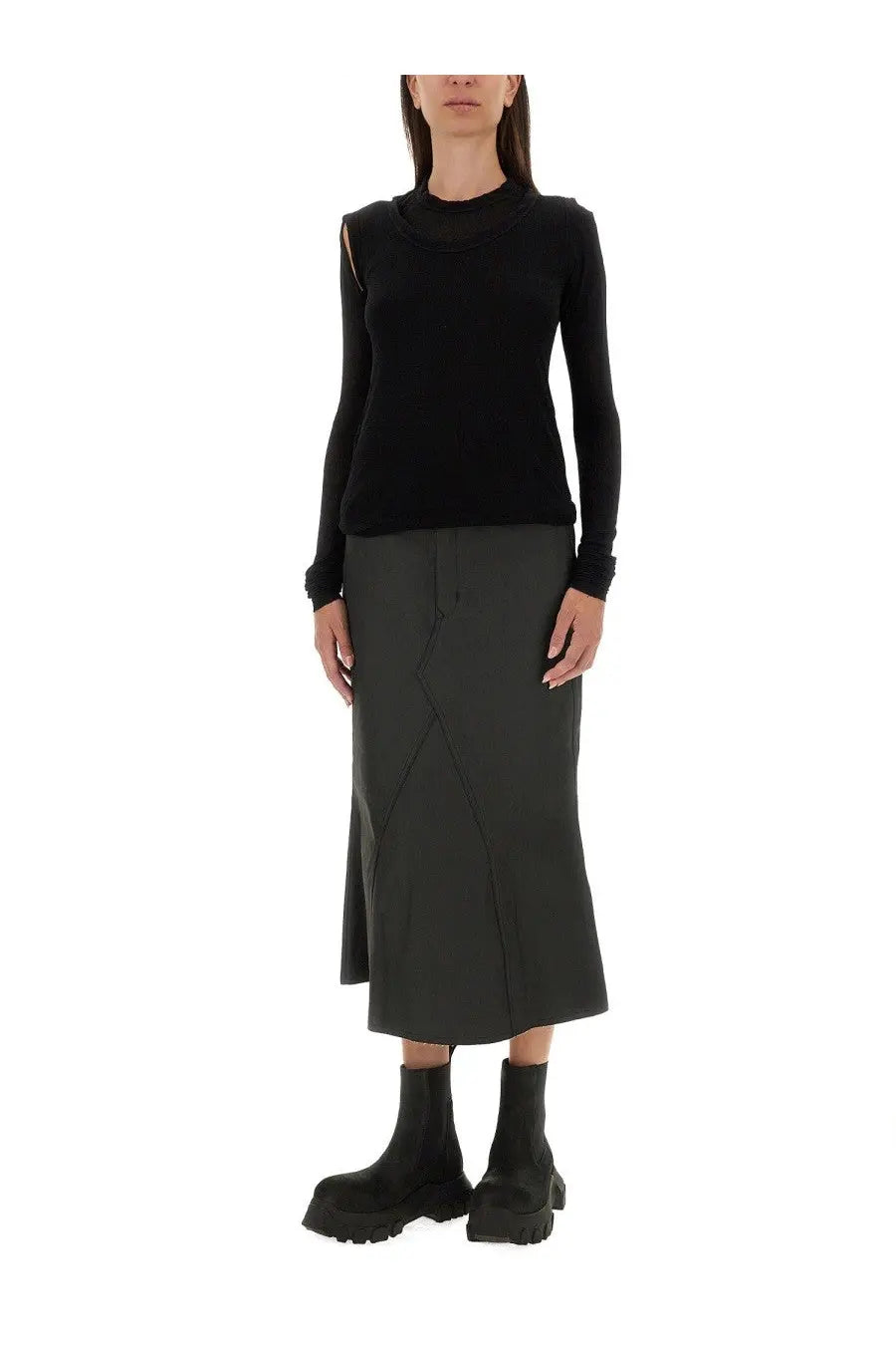 Black long sleeved top with cut out shoulders and high neckline paired with rick owens women’s denim skirt black