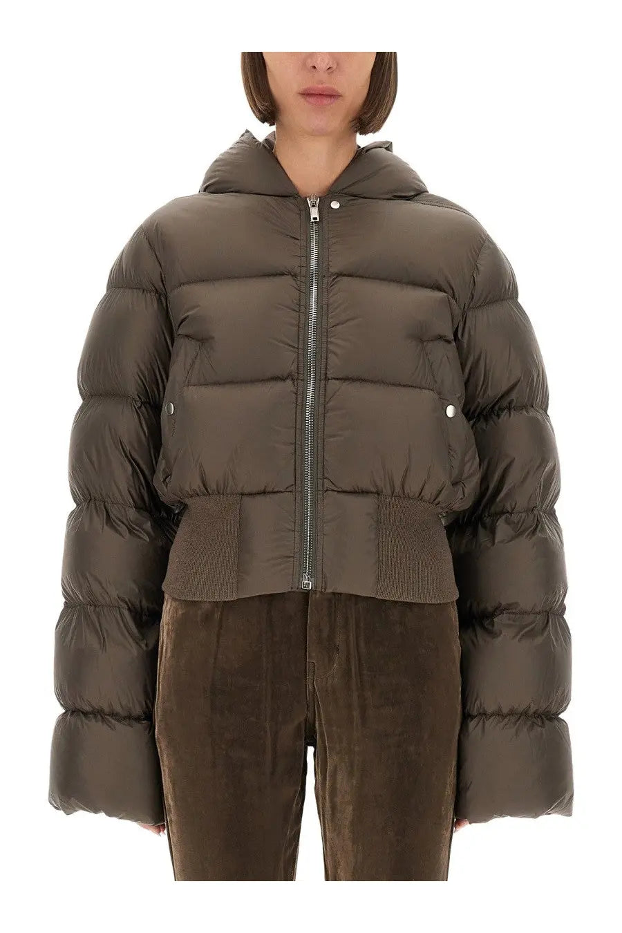 Rick Owens women’s olive green quilted hooded puffer jacket with silver zipper and button accents in down material