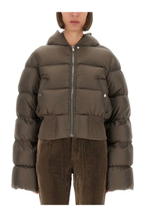 Rick Owens women’s olive green quilted hooded puffer jacket with silver zipper and button accents in down material