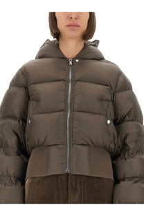 Olive green quilted hooded puffer jacket with silver zipper and button accents from Rick Owens women’s down jacket brown collection