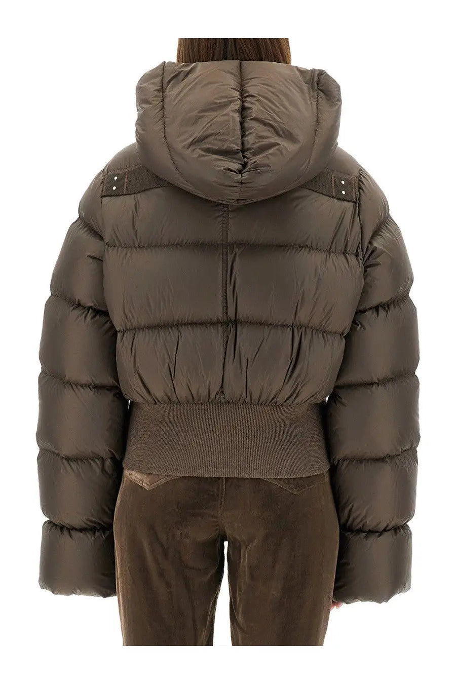 Rick Owens women’s down jacket brown olive green quilted hooded puffer with black strap accents front view