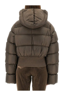 Rick Owens women’s down jacket brown olive green quilted hooded puffer with black strap accents front view