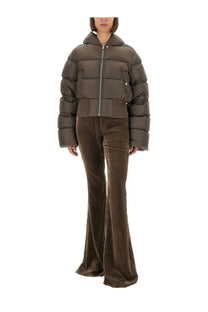 Olive green quilted rick owens women’s down jacket with hood and front zipper in puffer style