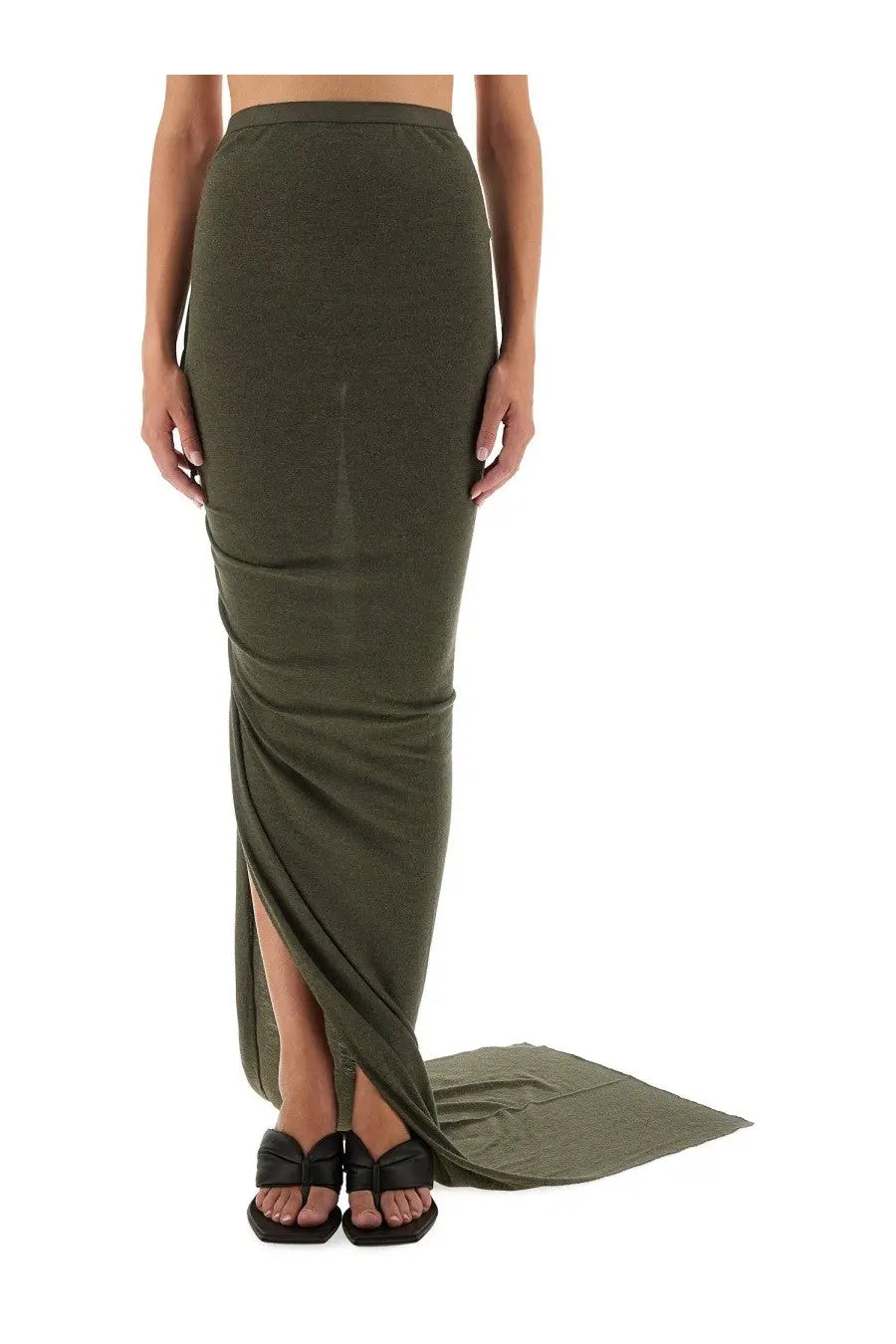 Rick Owens women’s edfu skirt green olive high-waisted maxi skirt with side slit and draped fabric detail