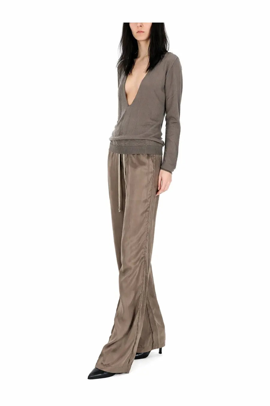 A sleek olive-green satin flared pant with drawstring waistband for women by rick owens