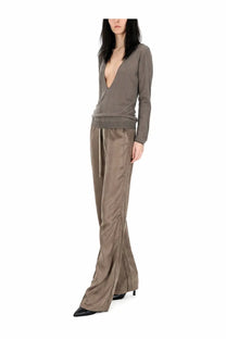 A sleek olive-green satin flared pant with drawstring waistband for women by rick owens
