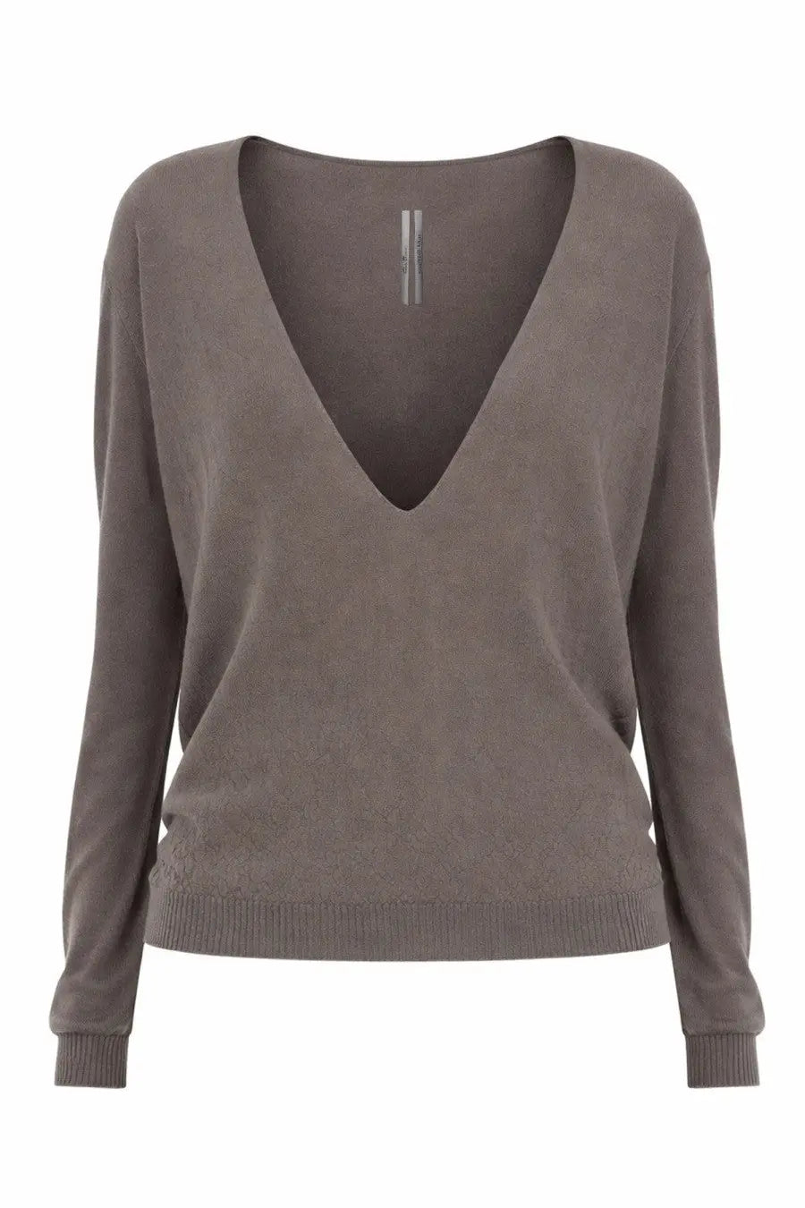 Rick Owens women’s extreme neck jersey black soft muted gray v neck sweater with long sleeves and ribbed cuffs