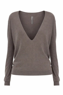 Rick Owens women’s extreme neck jersey black soft muted gray v neck sweater with long sleeves and ribbed cuffs