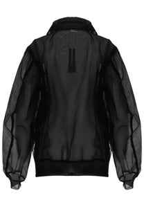 Back side of rick owens women’s giacca bomber dracucollar flight black sheer mesh jacket with bold vertical stripe