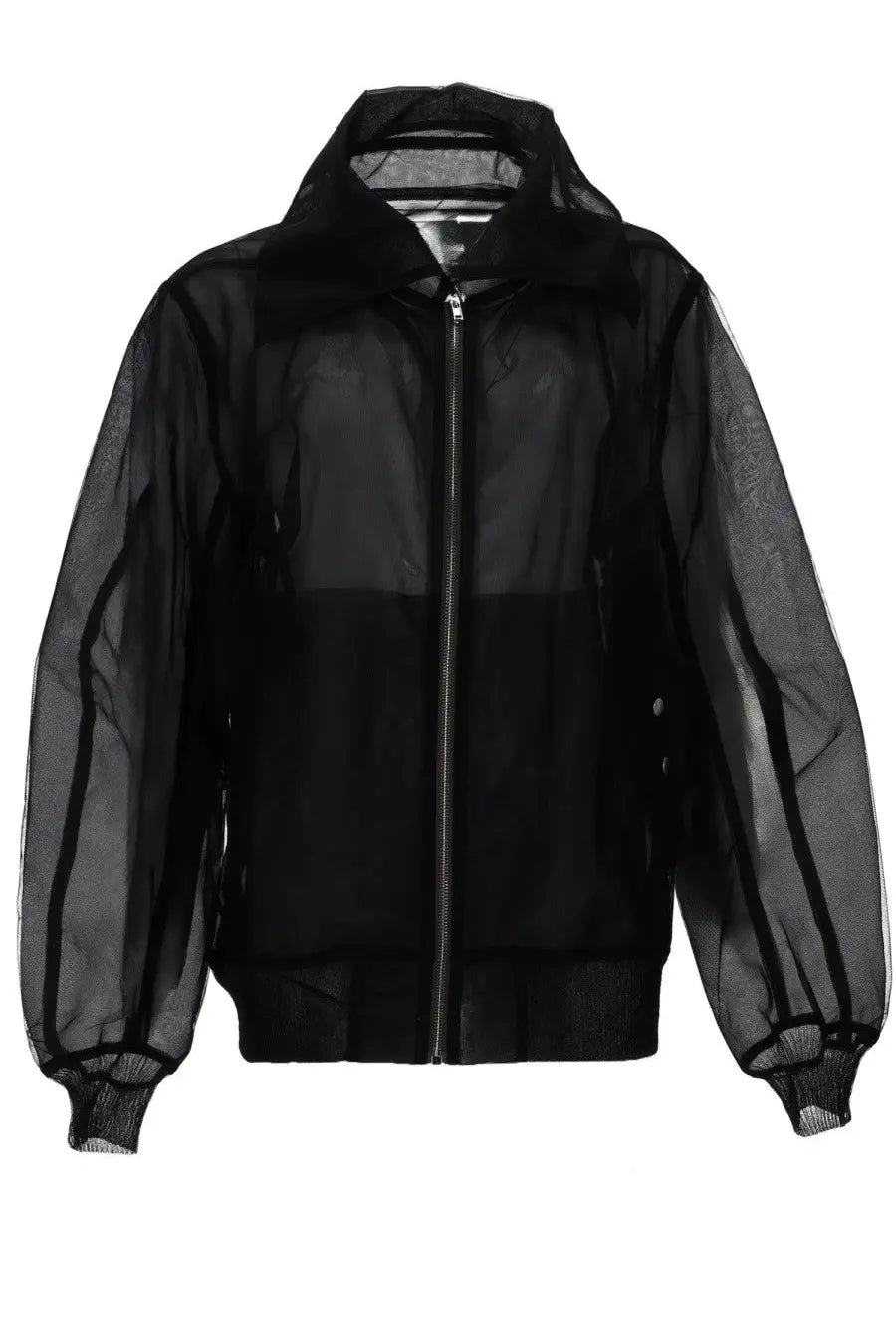 Rick Owens women’s giacca bomber dracucollar flight black sheer mesh jacket with solid front panel and ribbed cuffs