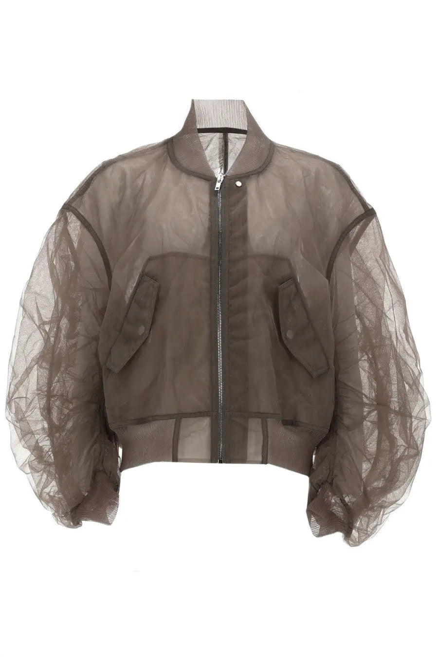 Rick Owens women’s giacca bomber secchia flight beige translucent taupe mesh bomber jacket with puffy sleeves and pockets