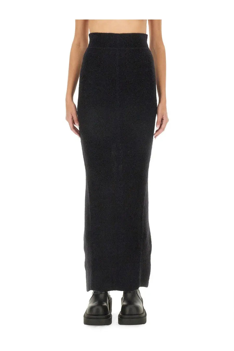 Rick Owens women’s black knit midi skirt with high ribbed waistband and subtle side slits