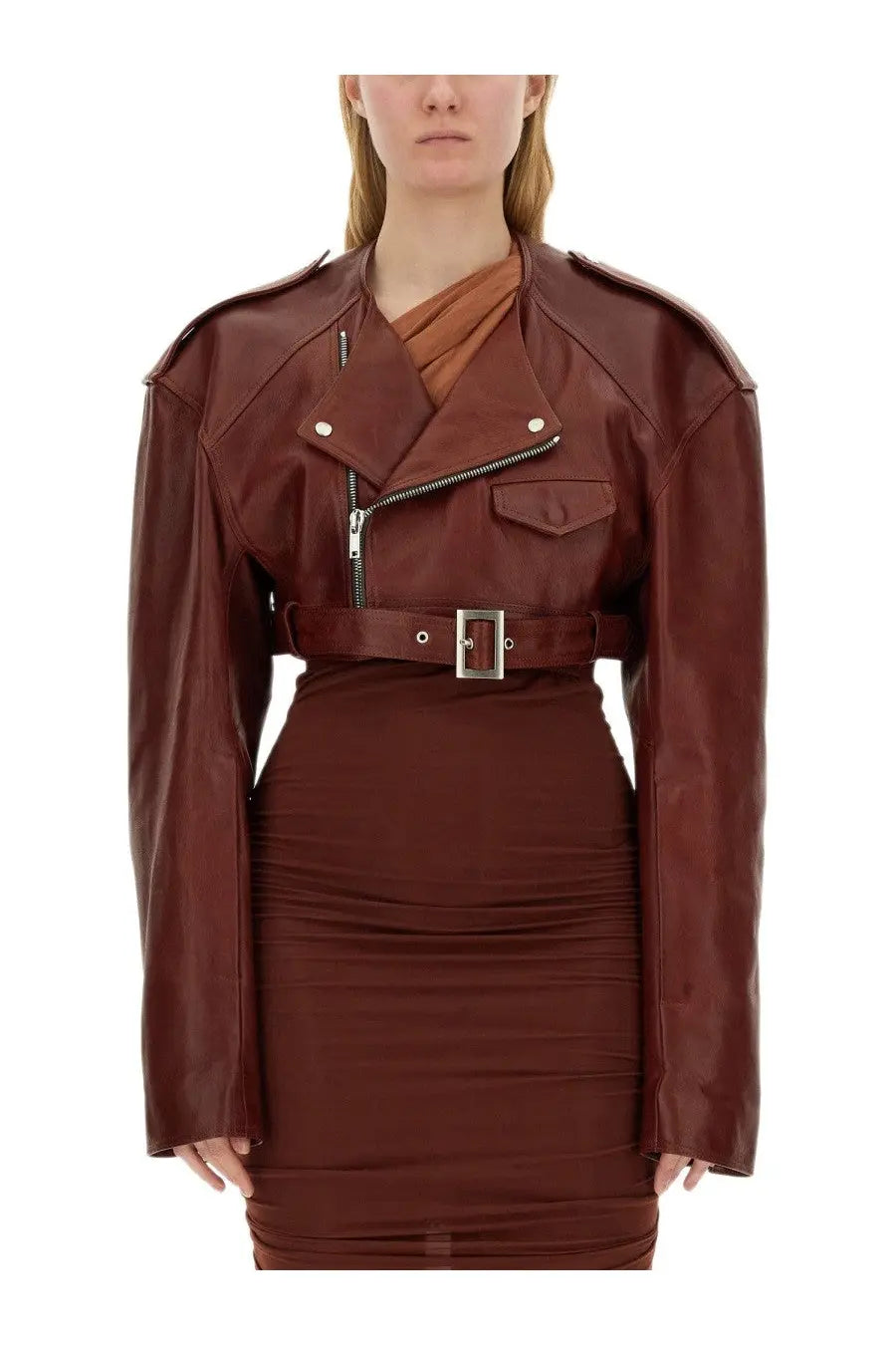 Rick Owens women leather jacket red in rich burgundy leather with belt waist and silver hardware