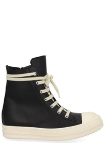 Rick Owens women’s black leather high-top sneaker with cream laces silver eyelets and thick white rubber sole